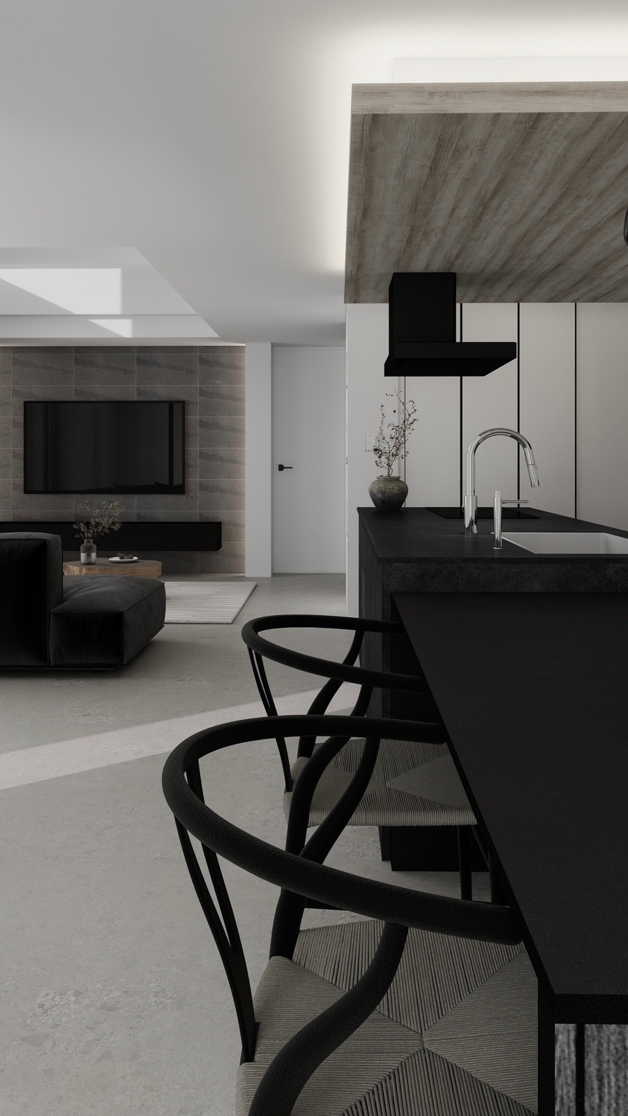 家具を置いたキッチンとダイニングの3Dパース